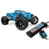 RC model monster trucku v měřítku 1:10 s pohonem všech kol 4x4, poháněný stejnosměrným motorem vč. RC volantové soupravy 2,4 GHz, 40A regulátoru, 6kg serva, 2000mAh Ni-MH pohonného akumulátoru a nabíječe. Modrá karoserie.