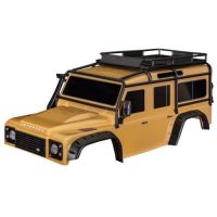 Traxxas karosérie TRX-4 Land Rover Defender písková (bezsponková). Kompletní, nabarvená. Včetně střešního nosiče, maket kanystrů, heveru a rezervního kola. Rozvor 324 mm. Určeno pro montáž na blatníky TRA8080R.