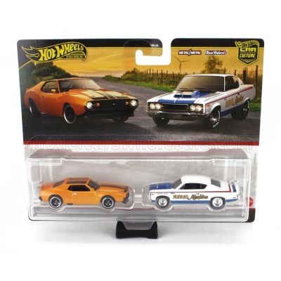 MATTEL HOT WHEELS AMC SET 2X JAVELIN COUPE + REBEL MACHINE RACING 1971 - ORANGE MET WHITE 1/64