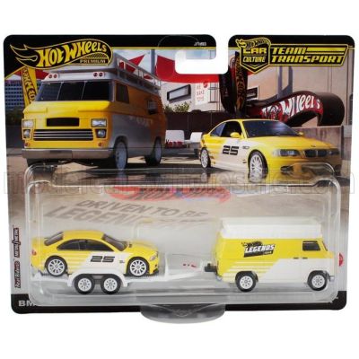 MATTEL HOT WHEELS BMW VAN WITH TRAILER + 3-SERIES M3 (E36) 1992 - YELLOW WHITE 1/64
