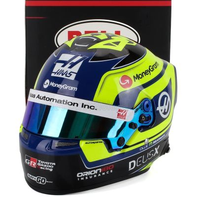 MINI HELMET BELL HELMET CASCO HELMET F1 OLIVER BEARMAN TEAM MONEYGRAM HAAS N 87 SEASON 2025 - YELLOW BLUE 1/2
