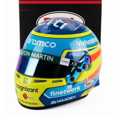 MINI HELMET BELL HELMET CASCO HELMET F1 FERNANDO ALONSO TEAM ASTON MARTIN ARAMCO N 14 SEASON 2025 - YELLOW BLUE 1/2
