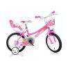 Dětské kolo DINO Bikes - 14" růžové se sedačkou pro panenku a košíkem, pro malou cyklistku. Kovový ráfek se vzduchem plněnou pneumatikou, volnoběžný převod, čelisťové brzdy na obě kola.