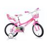 Dětské kolo DINO Bikes - 16" růžové se sedačkou pro panenku a košíkem, kolo pro malé cyklistky. Kvalitní, vzduchem plněné pneumatiky s kovovým ráfkem a drátovým výpletem ráfků.