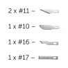 Modelcraft náhradní čepele (2x#11, #10, #16, #17). 2 x # 11 Klasické ostří pro jemné řezání. 1 x # 10 Univerzální zakřivená čepel pro ořezávání. 1 x # 16 Čepel pro detailní řezy bez trhání. 1 x # 17 Sekací čepel pro odstraňování tenkých vrstev. Výběr čepelí pro všechny detailní a přesné práce. 